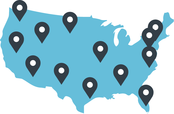 Outline of the United States with map pins spread across the country